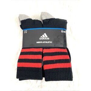 Adidas Mens Socks Crew Athletic Cushioned 6 Pair Shoe Size 6-12 Black Red Stiped